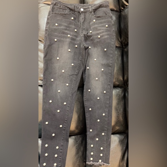 Women's Black Pearl Embellished Jeans SHEIN - Picture 1 of 4